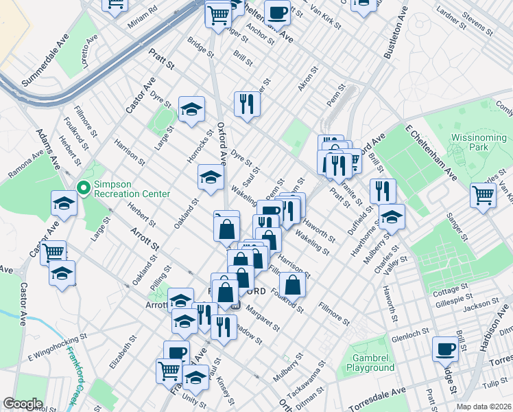 map of restaurants, bars, coffee shops, grocery stores, and more near 1337 Wakeling Street in Philadelphia