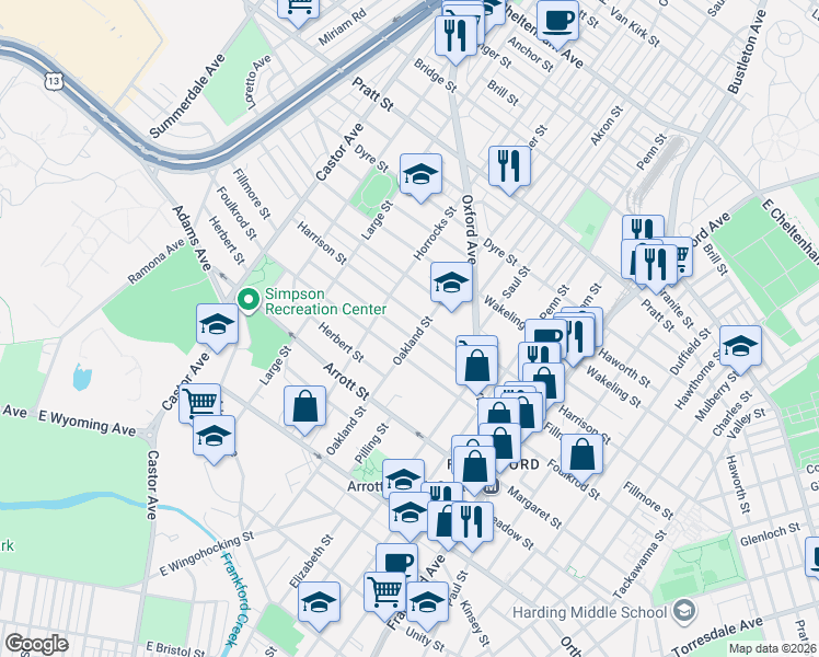 map of restaurants, bars, coffee shops, grocery stores, and more near 1230 Harrison Street in Philadelphia