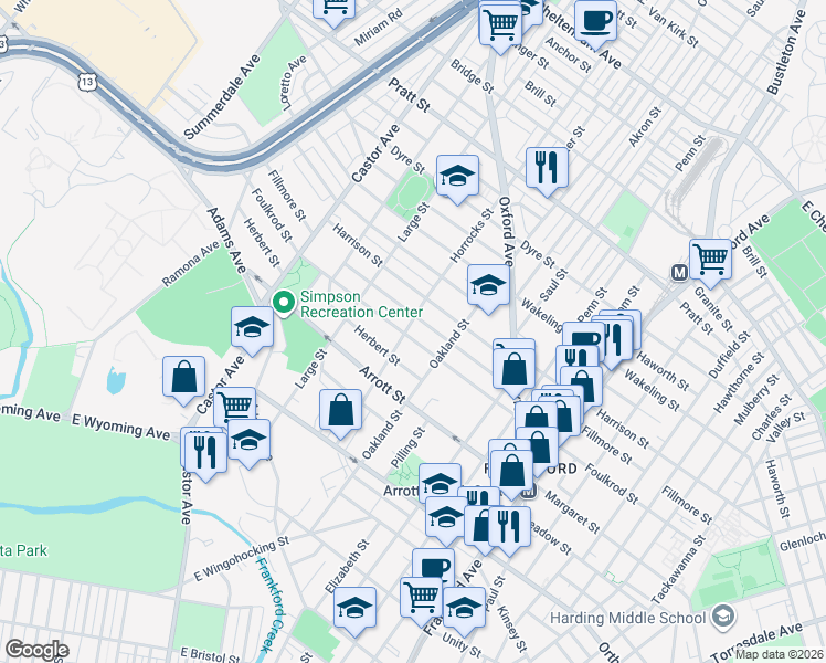 map of restaurants, bars, coffee shops, grocery stores, and more near 1141 Foulkrod Street in Philadelphia