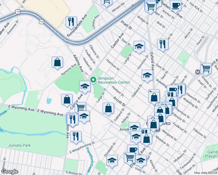 map of restaurants, bars, coffee shops, grocery stores, and more near 4712 Large Street in Philadelphia