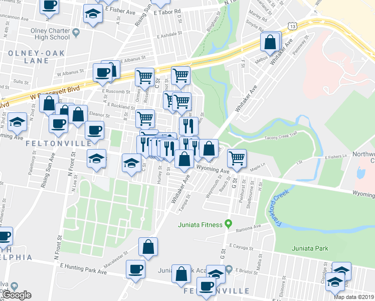 map of restaurants, bars, coffee shops, grocery stores, and more near 544 East Loudon Street in Philadelphia