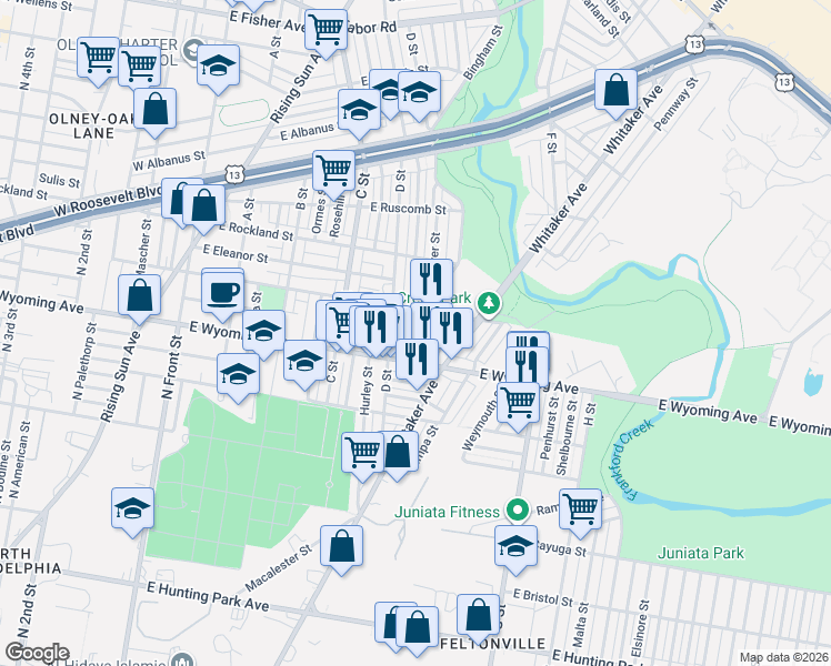 map of restaurants, bars, coffee shops, grocery stores, and more near 4736 Bingham Street in Philadelphia