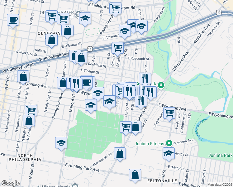 map of restaurants, bars, coffee shops, grocery stores, and more near in Philadelphia