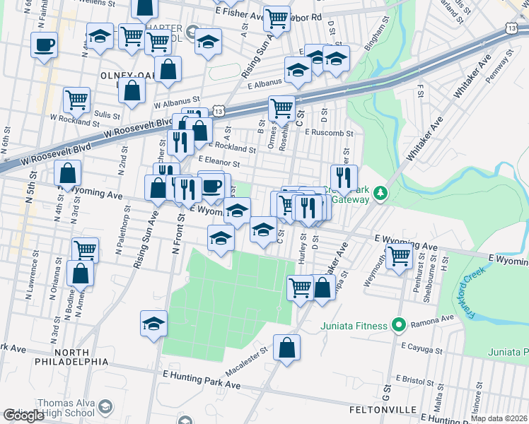 map of restaurants, bars, coffee shops, grocery stores, and more near 4721 B Street in Philadelphia