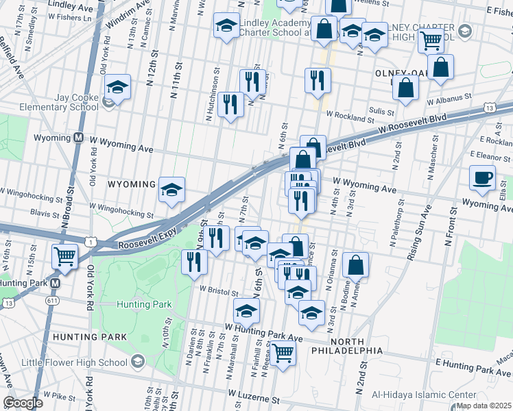 map of restaurants, bars, coffee shops, grocery stores, and more near 600 West Luray Street in Philadelphia