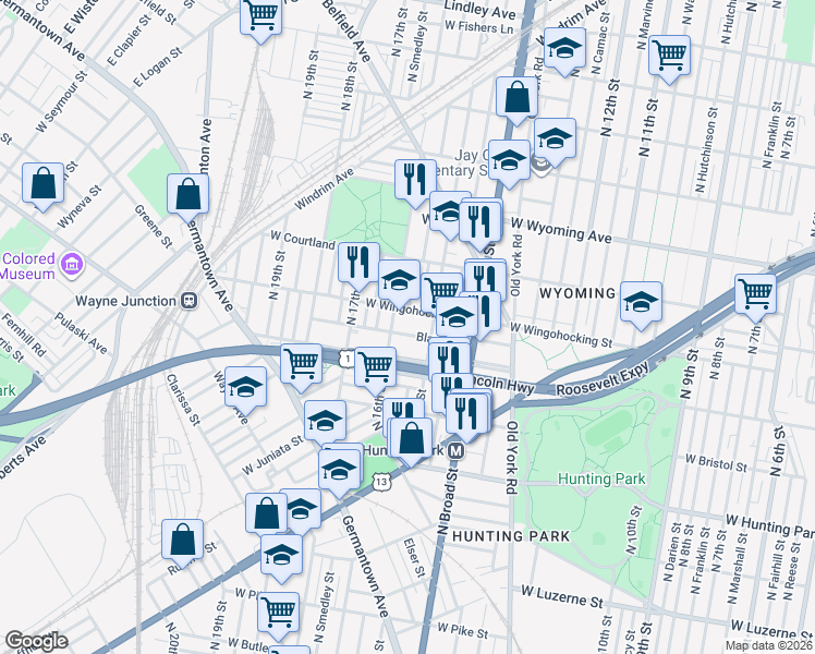 map of restaurants, bars, coffee shops, grocery stores, and more near 4443 North 16th Street in Philadelphia