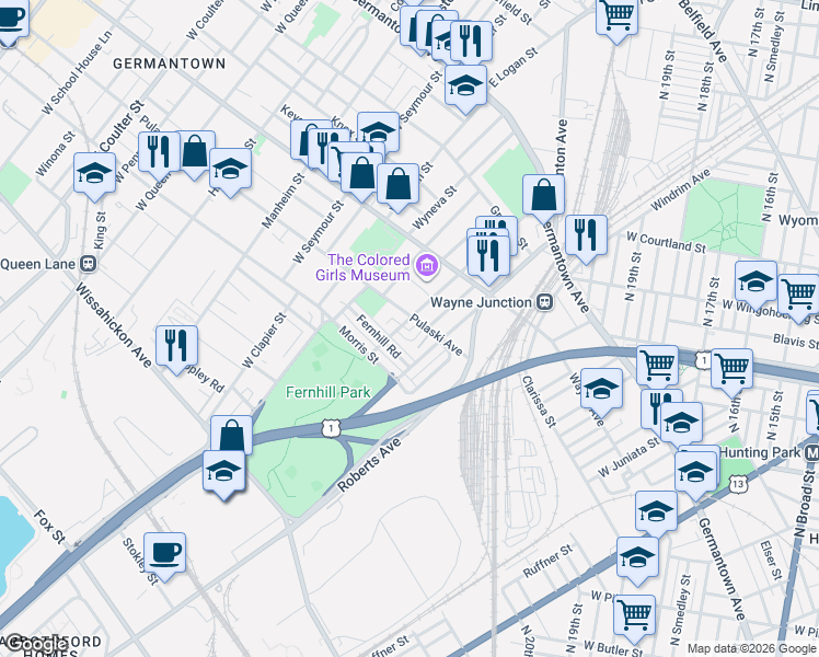 map of restaurants, bars, coffee shops, grocery stores, and more near 300 Apsley Street in Philadelphia