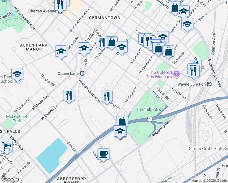 map of restaurants, bars, coffee shops, grocery stores, and more near 507 Manheim Street in Philadelphia