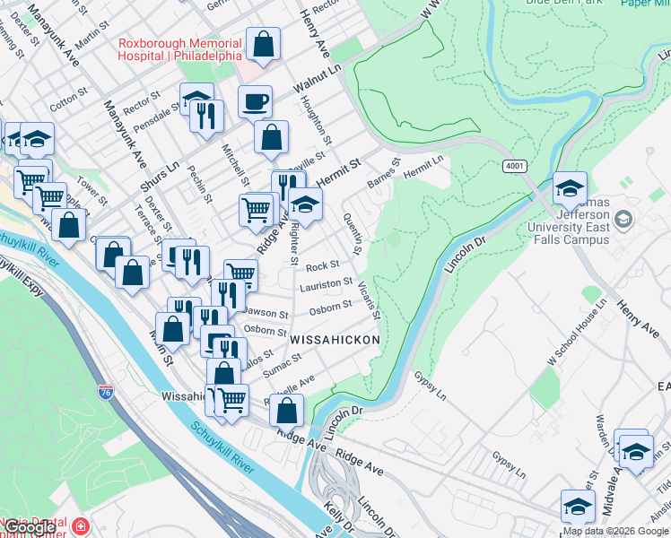 map of restaurants, bars, coffee shops, grocery stores, and more near 215 Rock Street in Philadelphia
