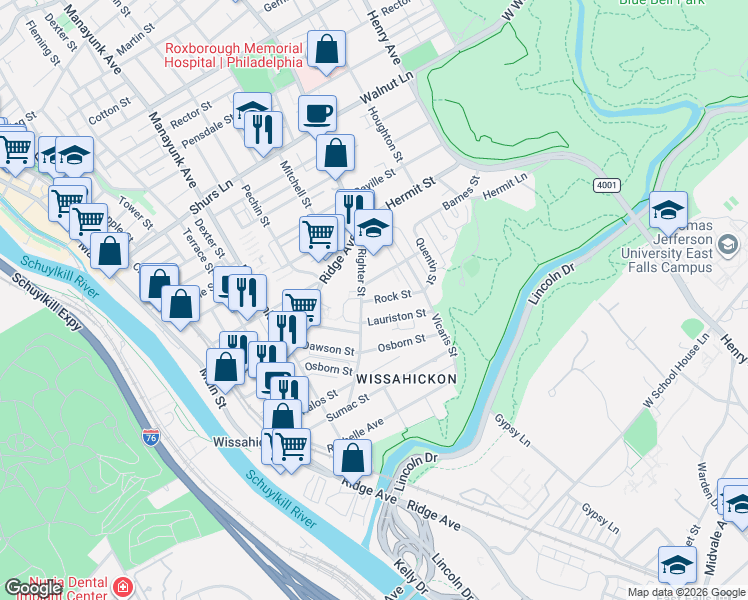 map of restaurants, bars, coffee shops, grocery stores, and more near 203 Rock Street in Philadelphia