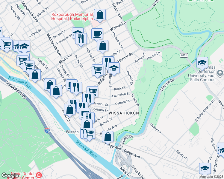 map of restaurants, bars, coffee shops, grocery stores, and more near 203 Rock Street in Philadelphia