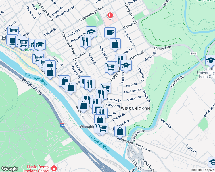map of restaurants, bars, coffee shops, grocery stores, and more near 5318 Ridge Avenue in Philadelphia
