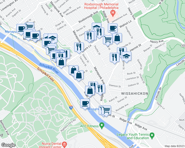 map of restaurants, bars, coffee shops, grocery stores, and more near Terrace Street in Philadelphia