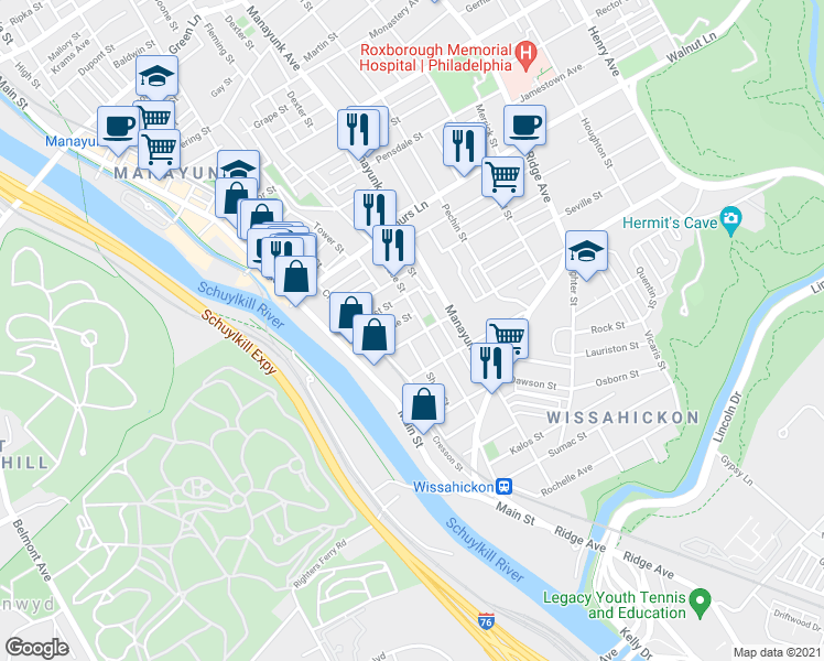 map of restaurants, bars, coffee shops, grocery stores, and more near 126 Seville Street in Philadelphia