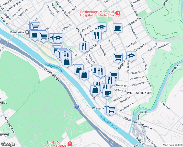 map of restaurants, bars, coffee shops, grocery stores, and more near 126 Seville Street in Philadelphia