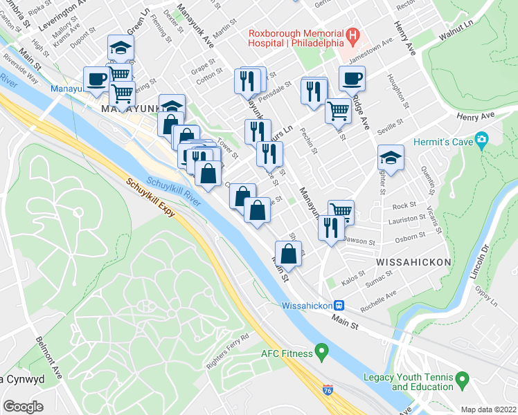 map of restaurants, bars, coffee shops, grocery stores, and more near 126 Seville Street in Philadelphia