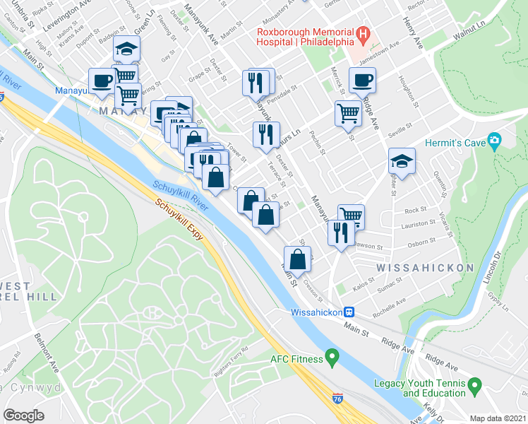 map of restaurants, bars, coffee shops, grocery stores, and more near 119 East Street in Philadelphia