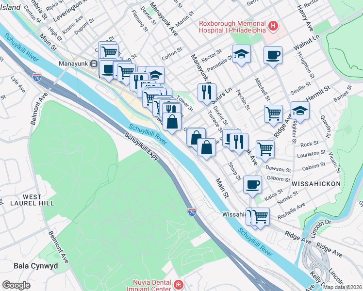 map of restaurants, bars, coffee shops, grocery stores, and more near 4030 Main Street in Philadelphia