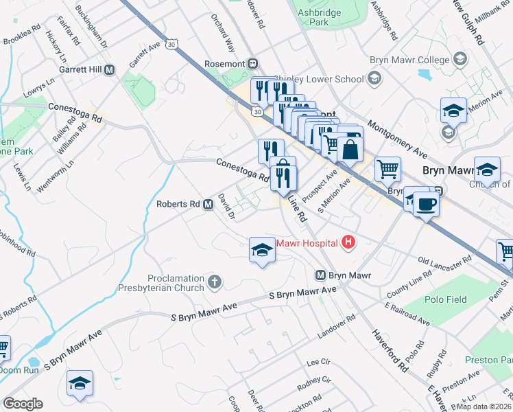 map of restaurants, bars, coffee shops, grocery stores, and more near 104 Charles Drive in Bryn Mawr