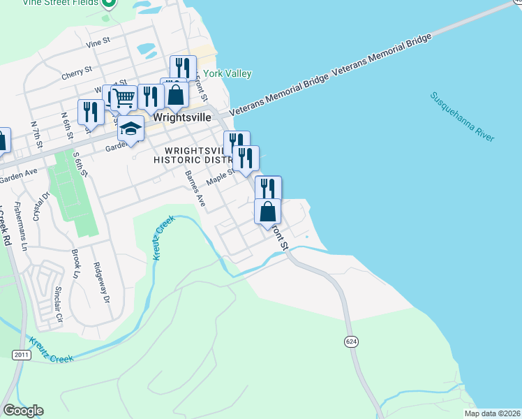map of restaurants, bars, coffee shops, grocery stores, and more near 500 Pennsylvania 624 in Wrightsville