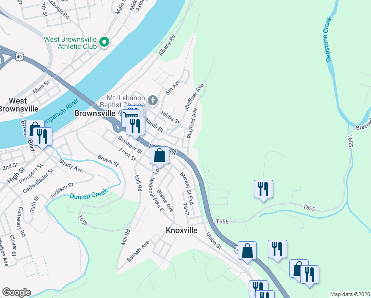 map of restaurants, bars, coffee shops, grocery stores, and more near 7 Steele Street in Brownsville