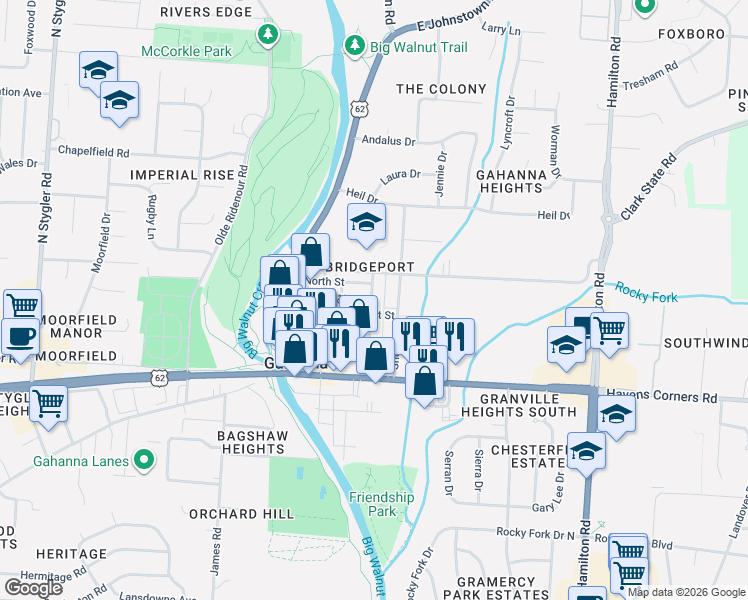 map of restaurants, bars, coffee shops, grocery stores, and more near 135 North Street in Gahanna