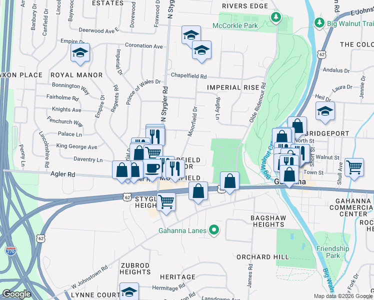 map of restaurants, bars, coffee shops, grocery stores, and more near 133 Moorfield Drive in Columbus