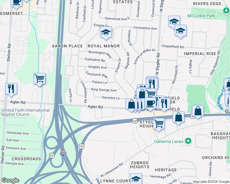 map of restaurants, bars, coffee shops, grocery stores, and more near 522 King George Avenue in Columbus