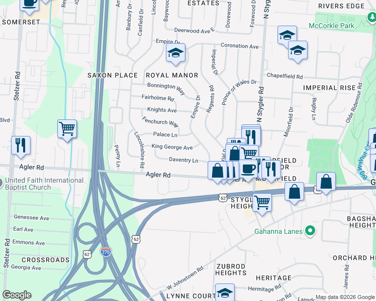 map of restaurants, bars, coffee shops, grocery stores, and more near 522 King George Avenue in Columbus