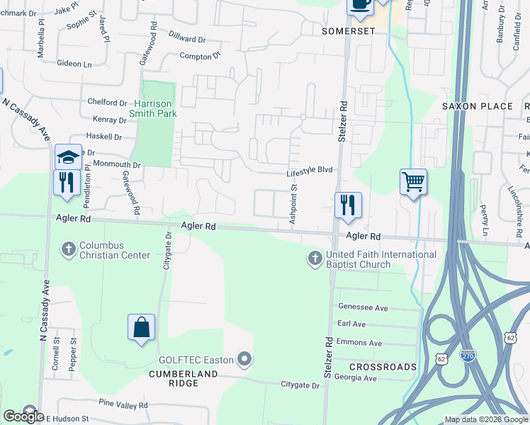 map of restaurants, bars, coffee shops, grocery stores, and more near 2389 Maple Hedge Way in Columbus