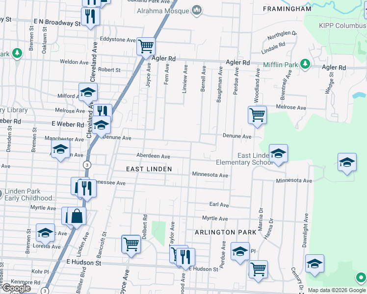 map of restaurants, bars, coffee shops, grocery stores, and more near 2139 Denune Avenue in Columbus