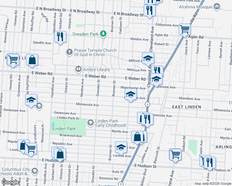 map of restaurants, bars, coffee shops, grocery stores, and more near 1567 Manchester Avenue in Columbus