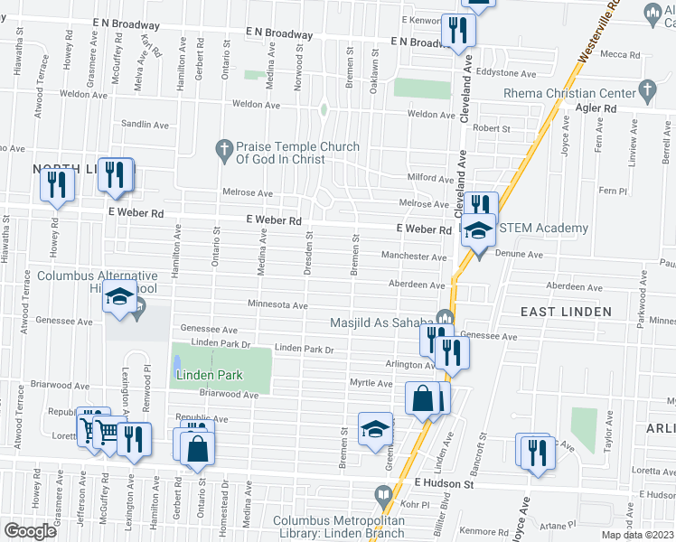 map of restaurants, bars, coffee shops, grocery stores, and more near 1517 Manchester Avenue in Columbus