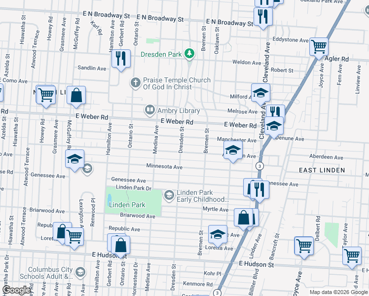 map of restaurants, bars, coffee shops, grocery stores, and more near 1517 Manchester Avenue in Columbus