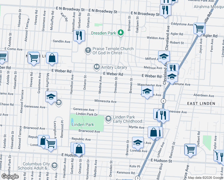 map of restaurants, bars, coffee shops, grocery stores, and more near 1448 Aberdeen Avenue in Columbus