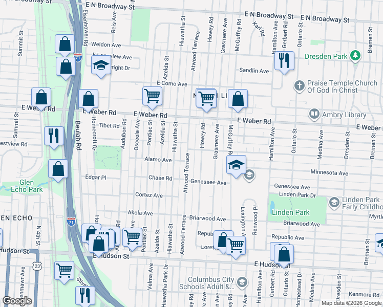 map of restaurants, bars, coffee shops, grocery stores, and more near 2739 Howey Road in Columbus