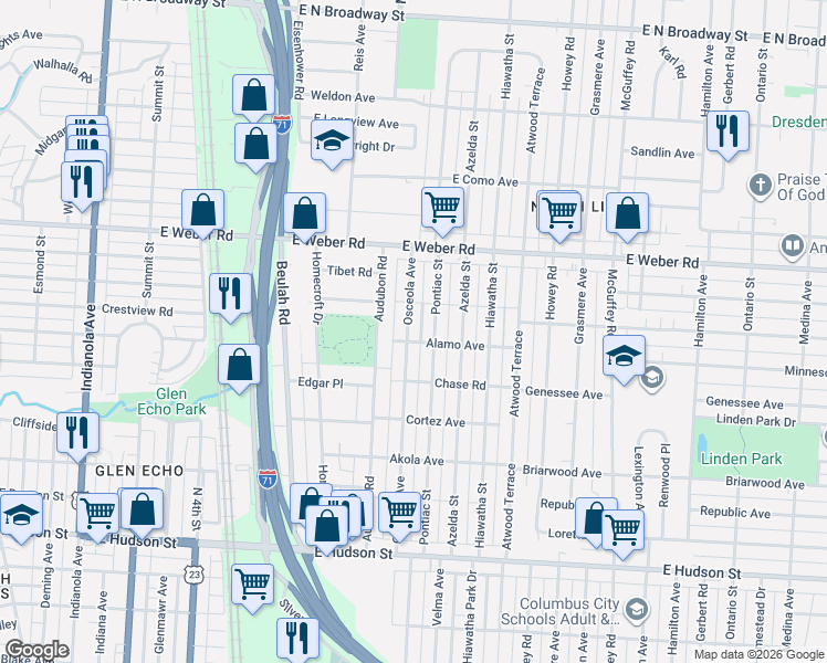 map of restaurants, bars, coffee shops, grocery stores, and more near 2772 Osceola Avenue in Columbus