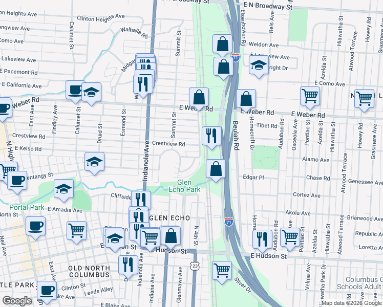 map of restaurants, bars, coffee shops, grocery stores, and more near 551 Crestview Road in Columbus