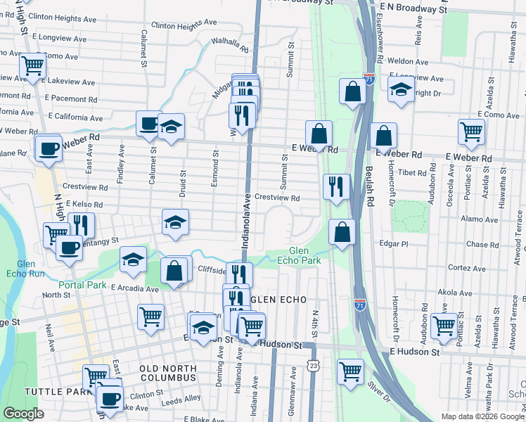 map of restaurants, bars, coffee shops, grocery stores, and more near 430 East Kelso Road in Columbus
