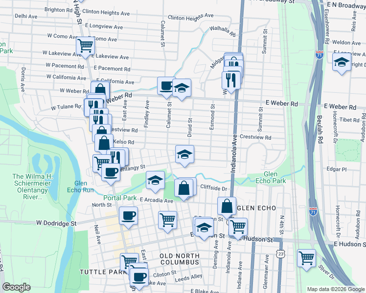 map of restaurants, bars, coffee shops, grocery stores, and more near in Columbus