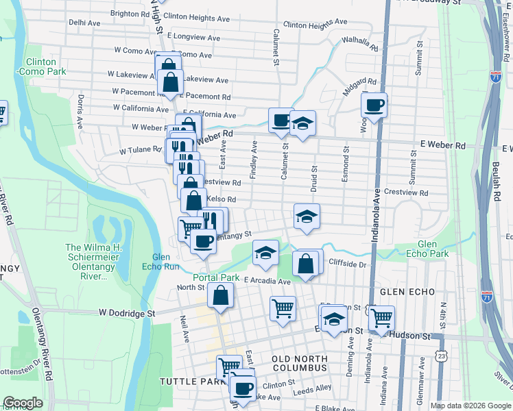 map of restaurants, bars, coffee shops, grocery stores, and more near in Columbus