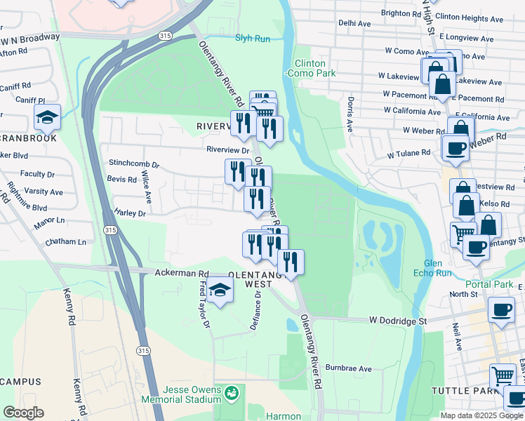 map of restaurants, bars, coffee shops, grocery stores, and more near 2995 Olentangy River Road in Columbus