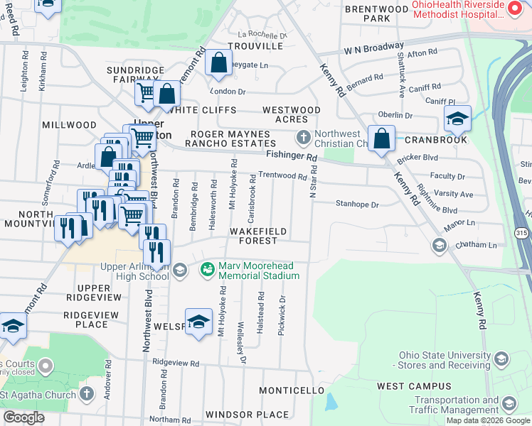 map of restaurants, bars, coffee shops, grocery stores, and more near 3107 Wareham Road in Columbus