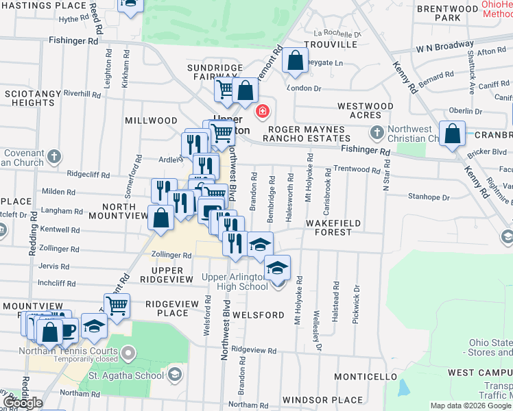 map of restaurants, bars, coffee shops, grocery stores, and more near 3129 Bembridge Road in Upper Arlington