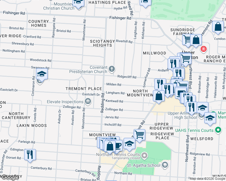 map of restaurants, bars, coffee shops, grocery stores, and more near 2078 Langham Road in Columbus