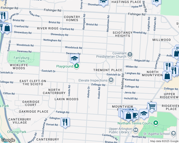 map of restaurants, bars, coffee shops, grocery stores, and more near 2332 Eastcleft Drive in Columbus