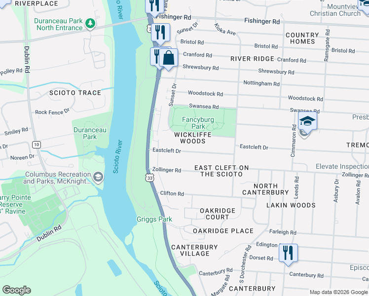 map of restaurants, bars, coffee shops, grocery stores, and more near 2846 Eastcleft Drive in Columbus