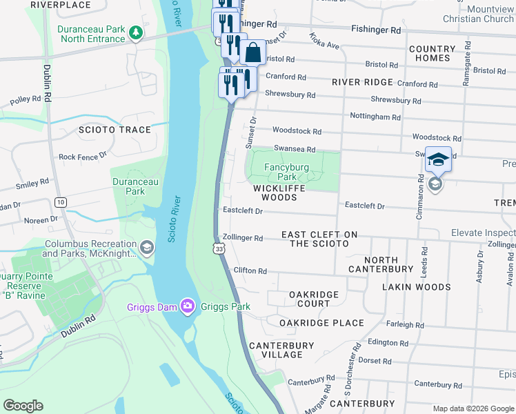 map of restaurants, bars, coffee shops, grocery stores, and more near 2846 Eastcleft Drive in Columbus