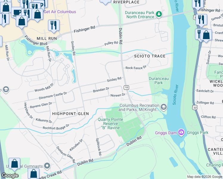 map of restaurants, bars, coffee shops, grocery stores, and more near 3304 Brendan Drive in Columbus