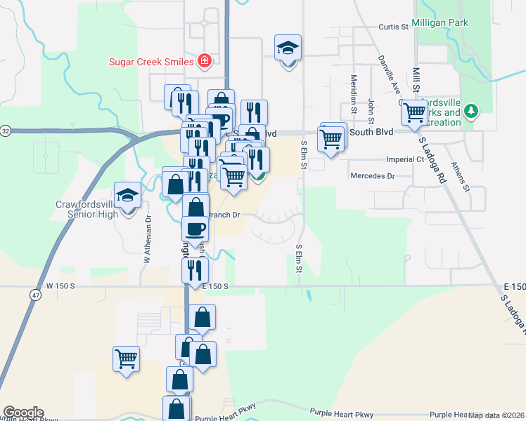 map of restaurants, bars, coffee shops, grocery stores, and more near 301 Dry Branch Drive in Crawfordsville